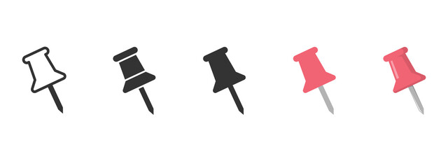 Obraz premium Vector push pin illustration set in red, black, and outline styles. Thumbtack icons ideal for office stationery, corkboards, reminders, notes, maps, and digital design projects