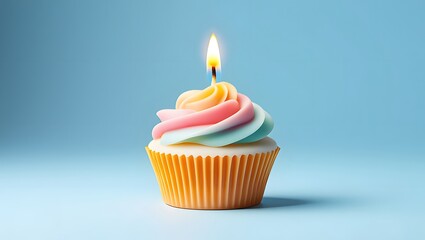 A cupcake with a candle on a blue background for a birthday celebration party