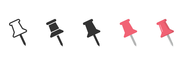 Vector push pin illustration set in red, black, and outline styles. Thumbtack icons ideal for office stationery, corkboards, reminders, notes, maps, and digital design projects