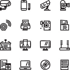 Technology icons vector set: security cameras, computer, printer, and more eps silhouette