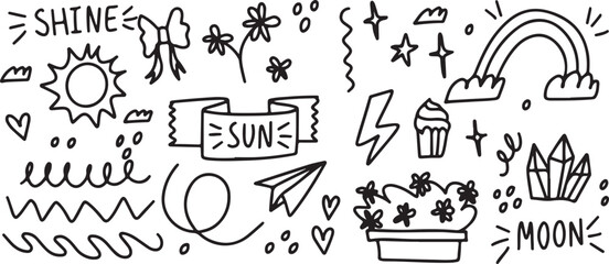 Obraz premium Summer Outline Vector – Hand Drawn Sun, Star, Party, Celebration Doodles, Minimal Black and White Clipart Illustration