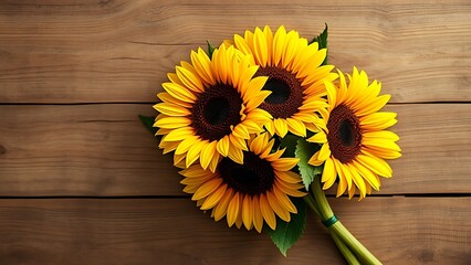 Sunflower bouquet on a rustic wooden surface with warm directional lighting.