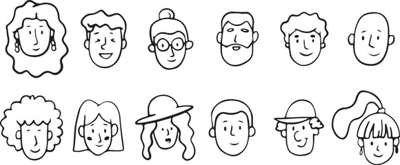 People Faces Outline Vector – Hand Drawn Character Portraits, Human Expressions, Cartoon Doodles, Minimal Black and White Clipart Illustration