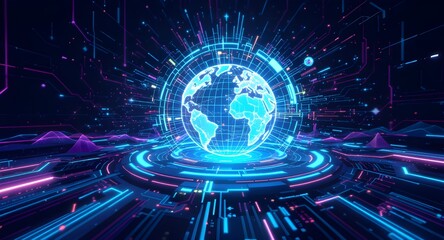 Futuristic 3D render of a glowing digital Earth globe representing global technology and data networks