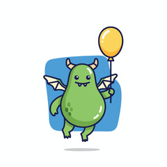 Kawaii green dragon monster cartoon character floating with a single yellow balloon.
