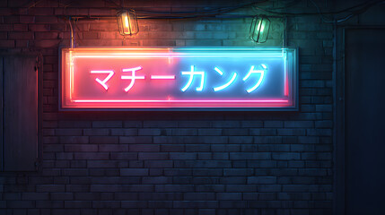 Cyberpunk Neon Sign with Japanese Text on a Brick Wall