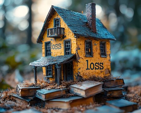 A miniature dilapidated yellow house labeled with loss sits precariously atop a stack of old books in a forest setting