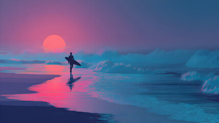 Vaporwave Surfer at Sunset on a Neon Beach