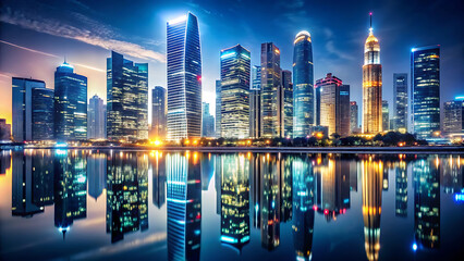 Obraz premium Elegant Nighttime Cityscape with Glowing Skyscrapers