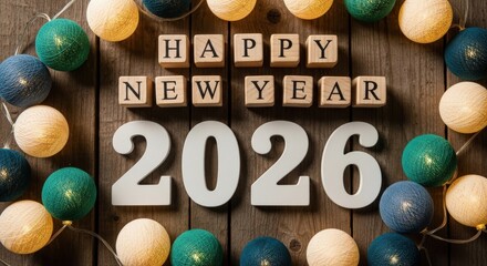 Happy New Year 2026 Decoration Festive Lights Wood Background