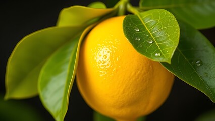 A bright yellow lemon with attached leaves against a dark backdrop, glistening with water droplets.