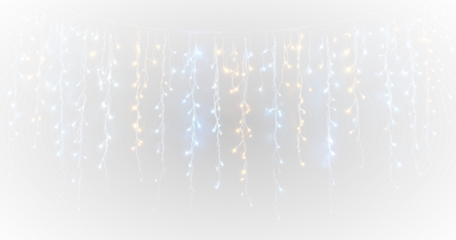 Winter celebration with Christmas light string, glowing bulbs, shiny garland decoration, happy New Year greeting, and festive vector background