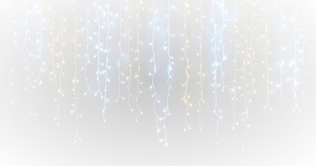 Merry holiday party with illuminated garland, glowing light bulbs, colourful decoration, bright winter background, and abstract celebration design