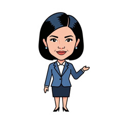Cartoon Businesswoman in Blue Suit Gesturing with Open Hand Smiling.