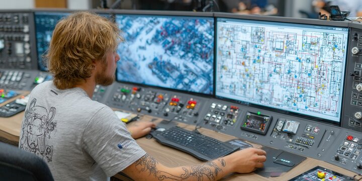 A man works at a control panel with multiple computer monitors displaying data.