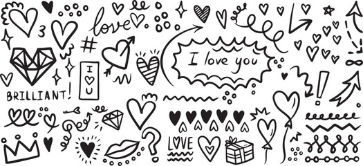 Love and Romance Doodle Set – Hand Drawn Hearts, Cupid Arrows, Romantic Symbols Sketch, Cute Couple Icons, Valentine Doodles Vector, Relationship Illustration, Simple Love Elements, Romantic Line Art,