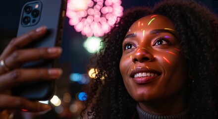 Young Black woman smiling while taking selfie at night celebration