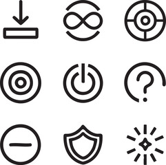 Set of vector icons: download, infinity, target, power, question, shield, sparkle eps silhouette