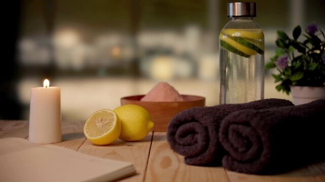 Home Spa Night Setting With Candle Bath Salts And Towels