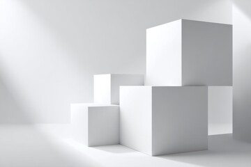 Minimalist abstract 3D cubes in white casting soft shadows.