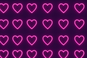 Repetitive glowing pink neon heart pattern forming a vibrant background
