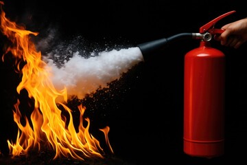 Fire extinguisher in action: extinguishing the flame