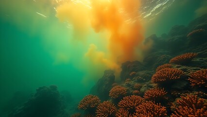 A terrifyingly beautiful underwater scene where the coral reef is consumed by an acidic neon-green and orange haze.