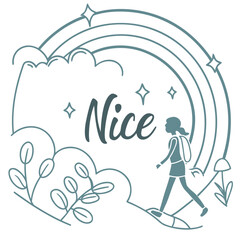 Nice Rainbow Girl Walk Doodle Illustration
