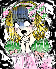 白目で祈る昭和レトロ少女漫画の金髪お嬢様と暗雲背景