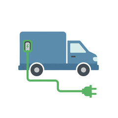 Modern blue electric delivery truck connects to charging station for sustainable transport solutions