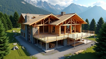Ultra-realistic aerial view of a luxury alpine w