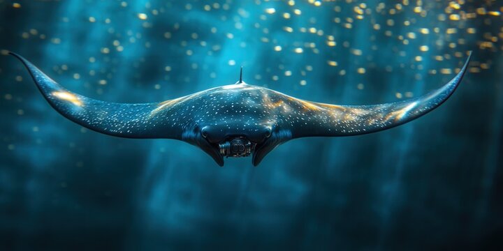 A majestic manta ray swims gracefully in the deep blue ocean, lit by sunlight.