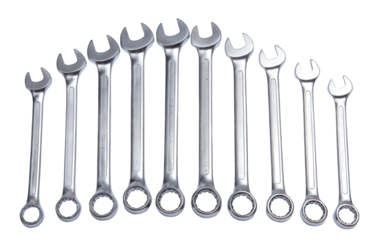 Neatly Arranged Set of Silver Wrenches on Black Background