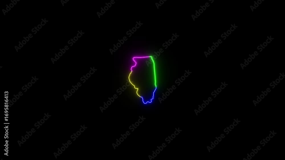 Poster this video neon glowing illinois map animated. zoom showing colorful use map with black background.