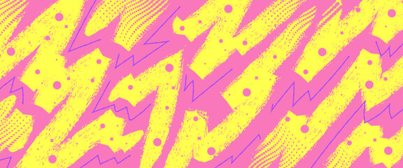 Pop Art Grunge Pattern with Yellow Brush Strokes on Pink Background. Hand Drawn Memphis Background for Posters or Banners