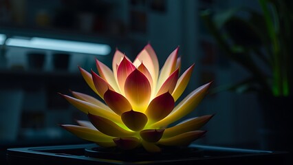 A single glowing succulent plant in a dark lab, its leaves emitting soft multicolored bioluminescence.
