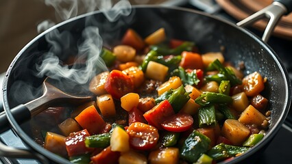 Sizzling vegetables in a frying pan, capturing the steam and textures of cooking.
