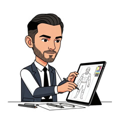 Cartoon illustrator in a suit with a beard drawing a character on a digital tablet.