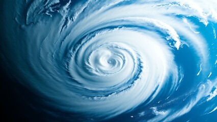 Satellite view of Earth with a swirling storm, highlighting deep blue and white cosmic tones.
