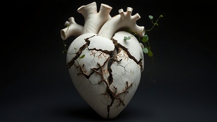 A fractured anatomical heart sculpture with vines growing from cracks, representing evolving mortality concepts