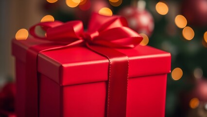 A luxurious red gift box adorned with a satin ribbon, evoking festive elegance and celebration.