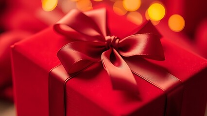 Velvety red gift box with satin ribbon, highlighting luxurious textures and warm lighting.