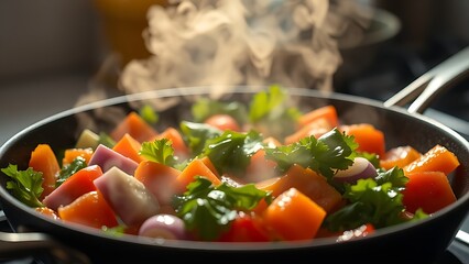 Close-up of sizzling colorful vegetables in a pan, steam rising with warm kitchen light.