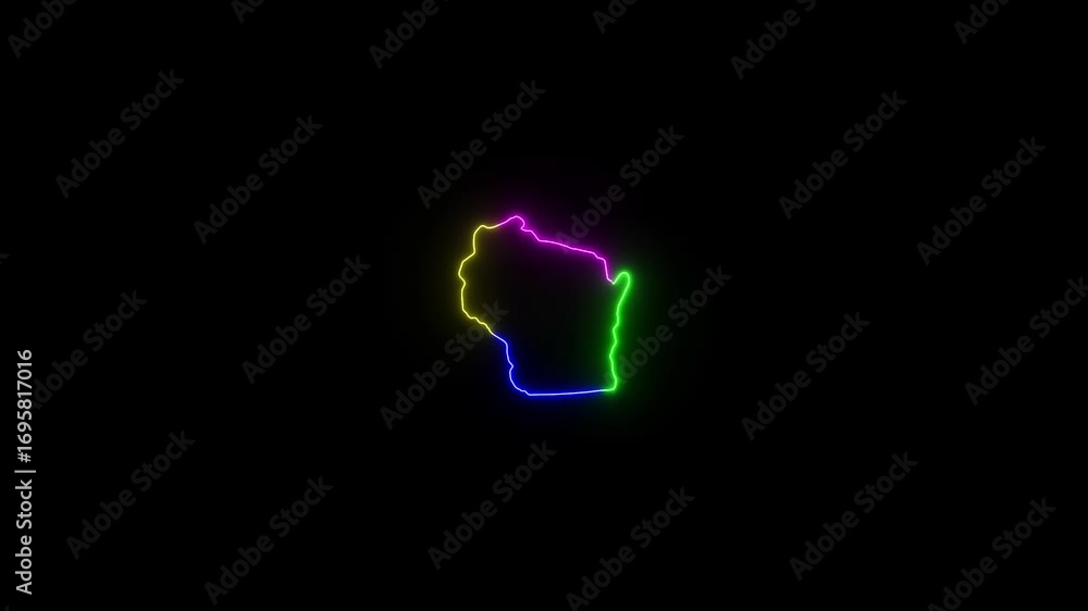 Poster this video neon glowing wisconsin map animated. zoom showing colorful use map with black background.