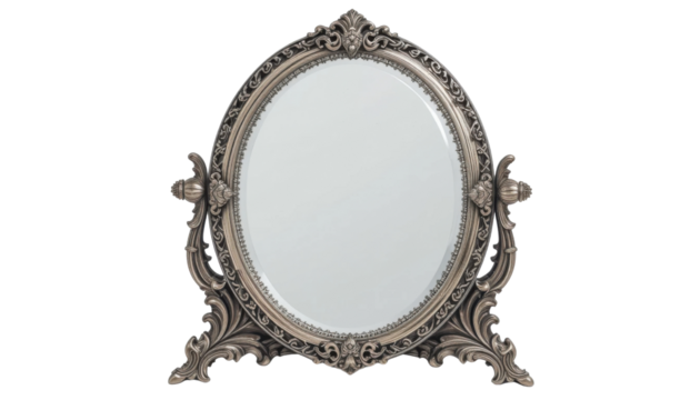 An empty antique gold ornate oval mirror frame on a white background