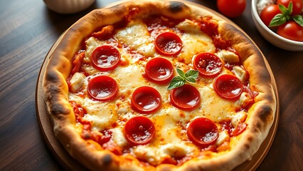 Freshly baked pepperoni pizza with gooey cheese, captured from above in warm inviting light.