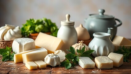 Fresh dairy products arranged on a rustic wooden table with a softly blurred pastel backdrop.