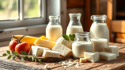Fresh dairy products arranged artistically on a rustic wooden surface with warm morning light.