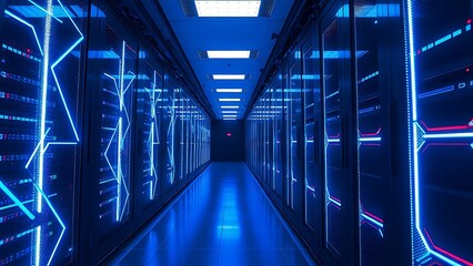Futuristic server room corridor illuminated by blue LED lights, creating geometric light trails.