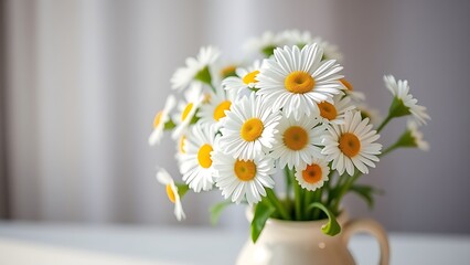 Fresh daisy bouquet in a ceramic vase bathed in morning light, with a soft pastel palette and bokeh background.